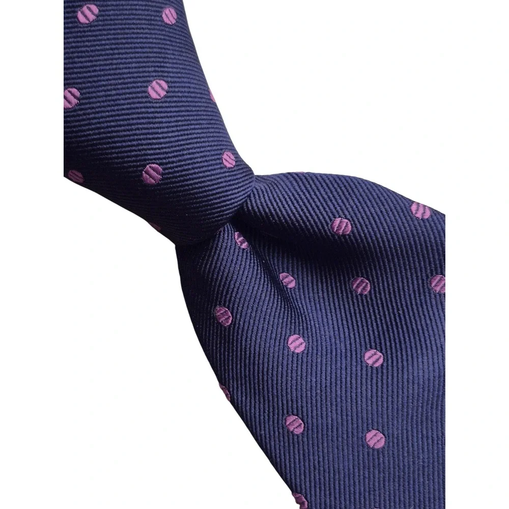 TM Lewin Mens Navy Blue Purple Polka Dot Pure Silk Handmade Necktie Tie